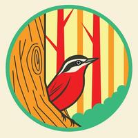 Crimsonbreasted Bird on Tree in Autumn Forest Scene vector