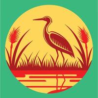 Stylized Heron in Wetland Habitat Circular Art Design vector