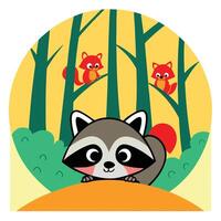 Adorable Raccoon Hiding in Autumn Forest with Foxes vector