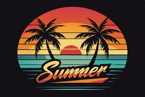 Retro Summer Graphic Design Featuring Palm Trees and Sunset vector