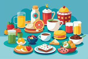 A delightful breakfast spread on a table. vector