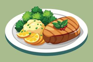 A steak dinner with mashed potatoes and garnish on a plate vector