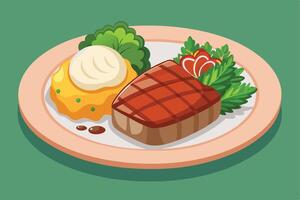 Delicious steak dinner with mashed potatoes and garnish on a plate vector