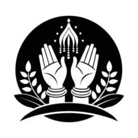 A stylized graphic of two hands, possibly representing a spiritual or cultural concept, are depicted in a circular design. vector