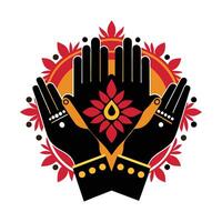 This stylized image showcases two hands raised in a prayerful gesture, adorned with intricate golden beaded bracelets and embellishments. vector