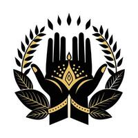 This stock image features a circular design with a pair of stylized hands, likely representing a cultural or spiritual concept. vector