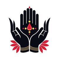Elegant Indian-inspired hands with intricate henna designs in a circular emblem. vector
