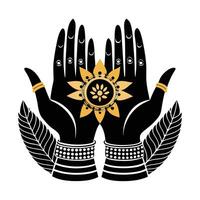 A stylized image of two black hands, adorned with red floral patterns, bangles, and nail art, raised in a prayerful or welcoming position. vector