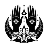 A stylized, decorative hand design, likely henna or Mehndi, with intricate patterns and multiple rings. vector