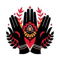 hands in prayer, adorned with intricate henna, create a beautiful spiritual design. vector