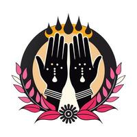 A stylized illustration of two hands raised in prayer, set against a vibrant sunburst background. vector