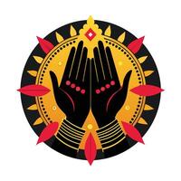 illustration of two hands raised in prayer, set against a vibrant sunburst background. vector