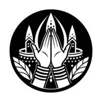 This stylized, black and white graphic features a circular design with two hands in a prayer position, adorned with beaded bracelets. vector