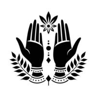 A symmetrical black and white graphic design features a pair of hands in prayer position, adorned with ornate bracelets. vector