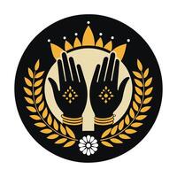 A graphic design featuring a pair of hands in prayer, outlined in black, with detailed henna-like patterns and embellishments. vector