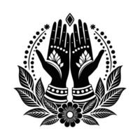 A stylized, black and white graphic of two hands holding a mosque. vector