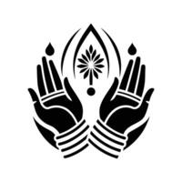 A stylized graphic of two hands holding a sacred flame or lamp within a circle. vector
