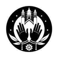 A stylized, black and white graphic showcasing a lotus flower held aloft by two hands, suggesting a connection to spirituality, mindfulness, and well-being. vector