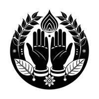 black and white image showcases two hands clasped in a prayer position, adorned with intricate henna-like patterns and beaded bracelets. vector