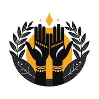 A vibrant graphic design featuring three pairs of stylized hands in silhouette, reaching upwards. vector