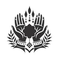 A stylized graphic illustration of two hands adorned with intricate henna designs. vector