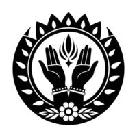 A symmetrical, black and white graphic design featuring a pair of hands raised in prayer, encircled by a laurel wreath. vector