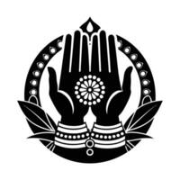 This black and white graphic showcases a pair of stylized hands in a prayer position, adorned with intricate henna-like patterns and a central water droplet design. vector