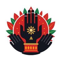 A stylized illustration of two hands clasped in prayer, adorned with ornate golden designs, set within a red circle framed by a decorative black mandala pattern. vector