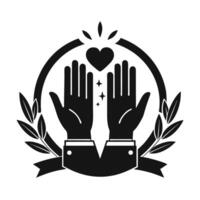 A black and white graphic design of two hands raised in prayer, encircled by a laurel wreath. vector