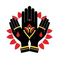 This stylized image showcases a pair of black hands in a prayer-like position, adorned with intricate red and gold decorative elements. vector
