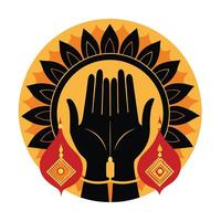 A stylized graphic of two hands in a prayer position, depicting intricate details and rich colors reminiscent of Indian art. vector
