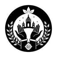 black and white graphic of clasped hands, adorned with bracelets, positioned within a circular wreath of stylized leaves and pods. vector