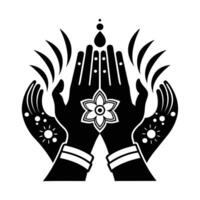 A stylized, black and white graphic design of two open hands, palms upward, placed within a circular mandala pattern. vector