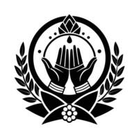 This stylized graphic portrays a pair of hands in a praying position, adorned with intricate henna-like patterns. vector