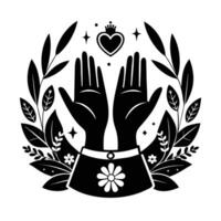 A black and white graphic design of two hands clasped together, holding a stylized image of a Hindu temple. vector