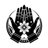 A black and white, symmetrical design featuring a pair of hands clasped in prayer, set within a circular frame. vector