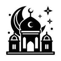 A simple, elegant silhouette of a mosque, situated within a crescent moon, against a plain white background. vector