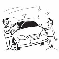 Young man inspecting a car concept as High resolution image of a young man inspecting a car for his first purchase with a glossy backdrop highlighting the careful consideration and Dynamic vector