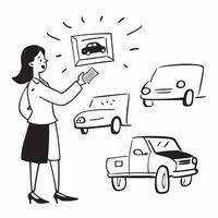 Young woman comparing car models concept as High resolution image of a young woman comparing car models for her first purchase with a glossy backdrop highlighting the excitement an Dynamic vector