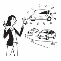 Young woman comparing car models concept as High resolution image of a young woman comparing car models for her first purchase with a glossy backdrop highlighting the excitement an Dynamic Set 2 vector