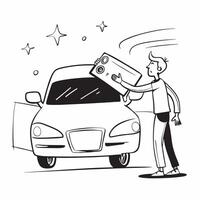 Young man inspecting a car concept as High resolution image of a young man inspecting a car for his first purchase with a glossy backdrop highlighting the careful consideration and Dynamic Set 2 vector