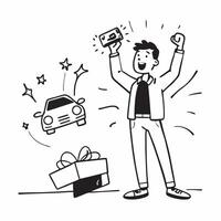 Young man celebrating car purchase concept as High resolution image of a young man celebrating his first car purchase with a glossy backdrop capturing the joy and sense of accompli Dynamic Set 2 vector