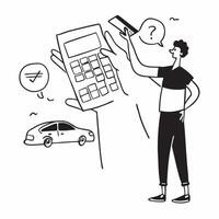 Young man calculating car costs concept as High resolution image of a young man calculating costs for his first car with a glossy backdrop emphasizing the importance of budgeting a Dynamic vector