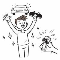 Young man celebrating car purchase concept as High resolution image of a young man celebrating his first car purchase with a glossy backdrop capturing the joy and sense of accompli Dynamic vector