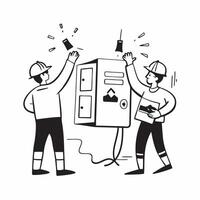 Workers managing an electrical issue during festive season concept as High resolution image of workers managing an electrical issue during the festive season at work highlighting t Dynamic Set 2 vector