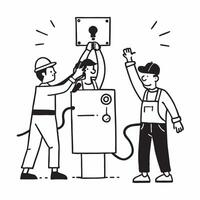 Workers managing an electrical issue during festive season concept as High resolution image of workers managing an electrical issue during the festive season at work highlighting t Dynamic vector
