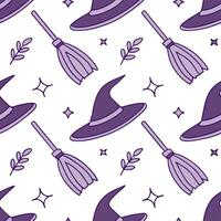 Witch hats and broomsticks seamless tile pattern with mystical elements and purple tones for magical home decor concept as Mystical witch hats and broomsticks arranged seamlessly w Dynamic vector