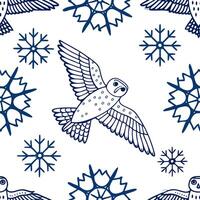 Winter snowflakes and snowy owls seamless tile pattern with mystical winter elements concept as Mystical snowy owls paired with winter snowflakes create a seamless tile pattern wit Dynamic vector