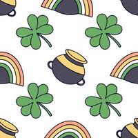 Whimsical pots of gold and clovers seamless tile pattern with vibrant rainbow accents concept as Vibrant rainbow accents highlight whimsical pots of gold and clovers in seamless ti Dynamic vector