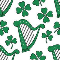 Whimsical Irish harps and clovers seamless tile pattern with vibrant green accents concept as Vibrant green accents highlight whimsical Irish harps intertwined with clovers in seam Dynamic vector